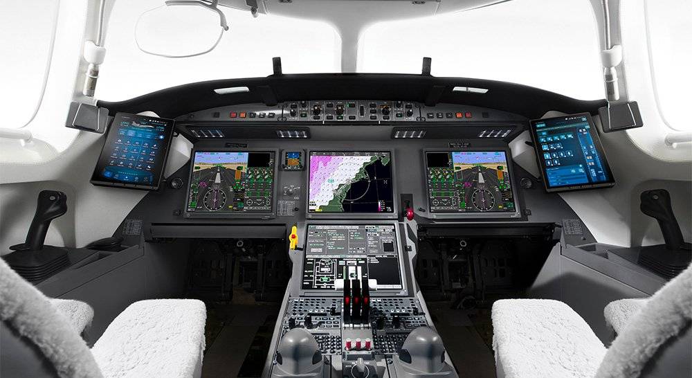 A view of the cockpit of an airplane.